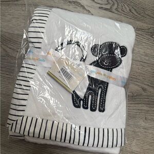 White and Black Striped Baby Blanket with Monkey Design